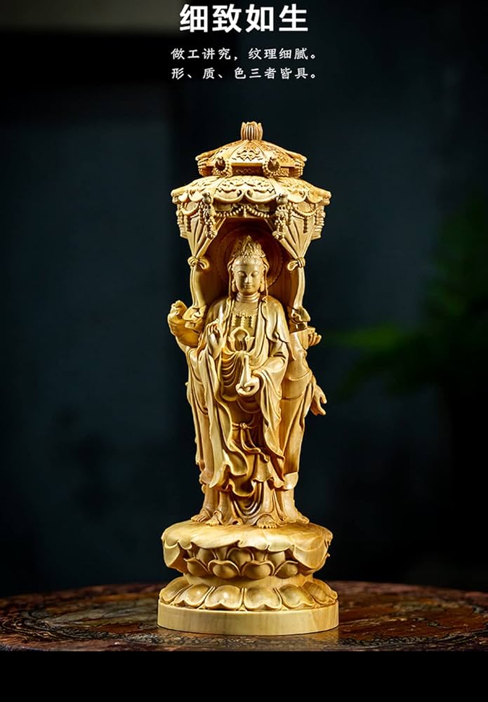 仏教美術金彩柘植彫刻聖観音菩薩像仏像置物M7073